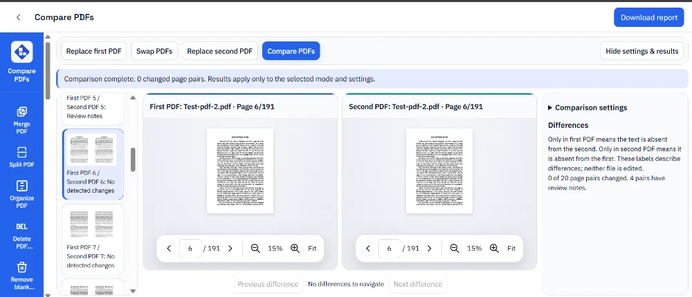 PDF comparison page pairs reviewed after a new page was inserted