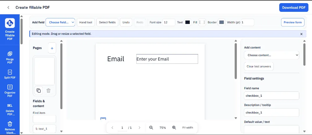 Email field positioned and named in the fillable PDF editor