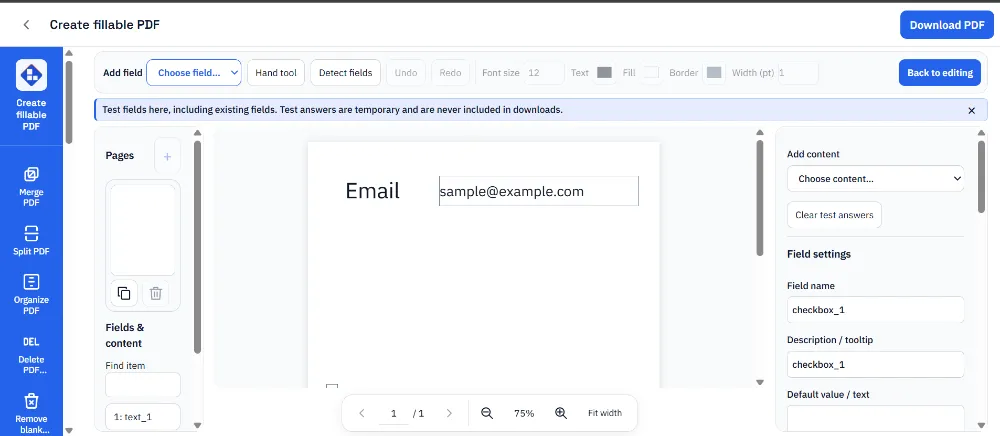 Fillable PDF preview showing synthetic answers and selection controls