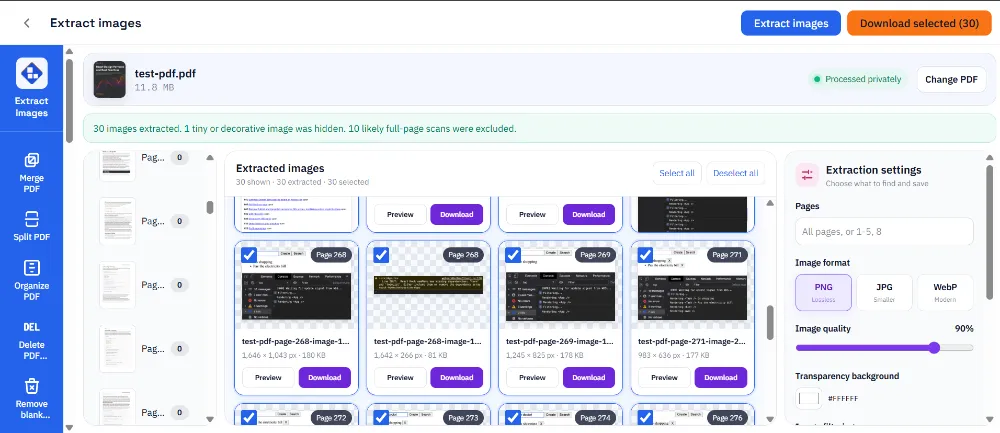 PDF image extraction settings and a gallery of recovered pictures
