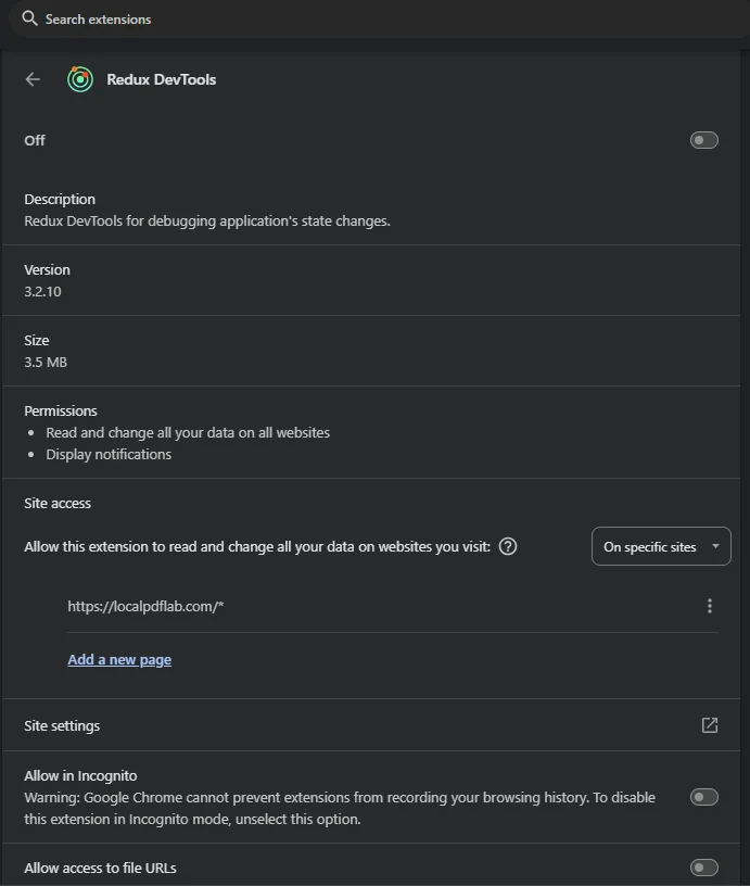 Chrome extension settings showing Redux DevTools disabled, limited to LocalPDFLab, and blocked in Incognito