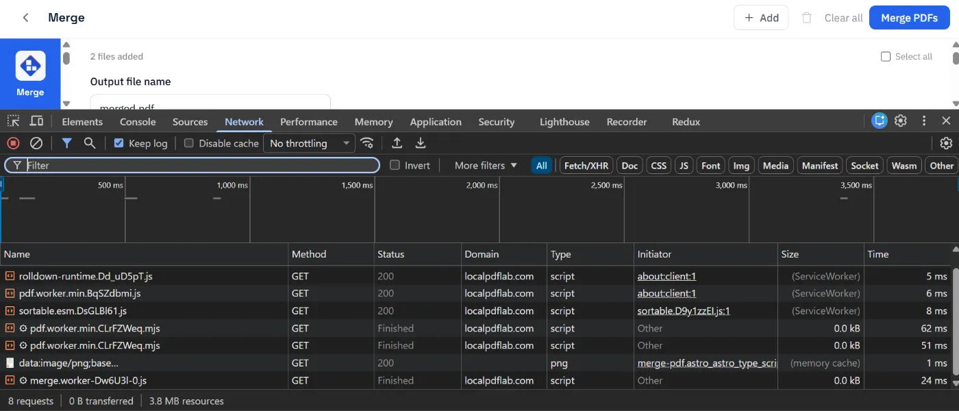 Chrome DevTools Network panel after a PDF merge showing same-origin GET requests and no visible upload request